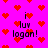 A static image with a bright pink background filled with red pixelated hearts, featuring repeated text "i luv logan!" in black pixelated font.