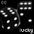 Black-and-white pixelated dice with white dots, each showing a different face, arranged in a with 'lucky' text below each