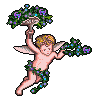 Pixelated angel figure with blonde hair, small wings, and green leafy garland holding a mushroom-shaped basket of purple flowers while extending a flower bouquet.