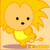 Pixelated cartoon character with orange hair and yellow dress in two poses, one with raised arm and foot extended, the other with both feet on ground.