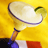 Pixelated image of a cocktail glass with lime garnish against yellow background, held by hand in blue sleeve.