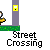 Pixelated animation of a yellow figure at a street crossing with traffic lights, showing sequential actions including falling, vehicle collision, and disintegration into particles.