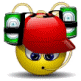 Animated contact sheet of a yellow cartoon character wearing red cap and green speakers, showing subtle facial expression changes across 10 frames.