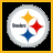 Pixelated Steelers-themed with yellow borders, displaying team logo variations and 'Here we go STEELERS' text in multiple