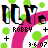 Pixelated graphic with 'ROBBY' text, pink curved shape, green circles, and symbols on white background.