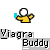 Pixelated character with white head and yellow body holding blue object, transitioning to orange prop while text below reads "Viagra Buddy".