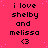 A static digital image with a bright pink background and small purple dots, displaying repeated text "i love shelby and melissa" followed by a heart symbol.