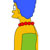 Pixelated character with blue hair, yellow skin, red bow tie, and green dress in profile view.