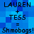Blue pixelated background with repeated text showing 'LAUREN + TESS = Shmobs! Shmobs!' in black font across two identical