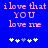 Blue background with pink pixelated text reading "i love that YOU love me" and five white plus signs below, where the third sign changes from light blue to white between frames.