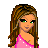 Pixel art contact sheet showing a female character in pink outfit with multiple views and text elements.
