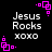 Black background with white text "Jesus Rocks xoxo" and pink square corner decorations in a