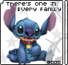 Blue cartoon character with purple ears and red collar sits against white starry background, text "There's one in every family" above.