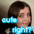 Pixelated image of a person with brown hair and blue text reading 'cute right?' on the left side, next to a heart-shaped frame with red background and pink text 'EMILY I LOVE YOU' on the right.