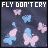 Animated contact sheet of 18 frames showing a pixel art icon with pink and blue butterflies fluttering against a dark background, accompanied by the text "FLY DON'T CRY" at the top.