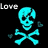 six cyan skull-and-crossbones icons with text overlays on a black background, each displaying different phrases and subtle animation changes