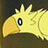 A 48x48 pixel buddy icon featuring a yellow bird-like creature with spiky head feathers and a large beak, positioned next to partial text on a black background.