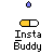 pixelated icons with yellow and white shapes above text reading 'Insta Buddy' on a gray background