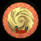 Pixelated circular icon with orange border showing a red creature and blue robot against swirling beige background.