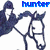 Two pixelated equestrian figures with blue text labels above them, one labeled 'hunter' and the other 'jumper', both wearing dark riding gear.
