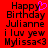 Red background with black pixelated text reading 'Happy Birthday Julianne i luv yew Mylissa<3' and a purple heart symbol above the word 'Happy'.