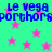 Pixelated blue text repeats 'Le Vega' and 'porthors' over a cyan background with scattered pink stars.