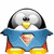 Pixelated penguin with yellow beak and feet, wearing blue cape with red and yellow shield, standing on white background.