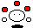 Pixel art avatar with circular white head, black outline, two black dot eyes, and black base, surrounded by red and black squares on white background.