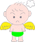 Pixelated cartoon baby with yellow wings and green shorts stands against gray background, expression shifts from neutral to angry as thought bubble changes.