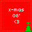 Red square icon with green dotted border showing 'x-mas 08' and '<3' text, two green Christmas trees in bottom corners, and a small green star above the left tree in one view.