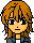 Pixel art character with orange-brown hair and black eyes, wearing a blue jacket over white shirt, two expressions shown side-by-side.