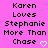 Pixelated text on a bright pink background reads 'Karen Loves Stephanie More Than Chase' with two white heart symbols.