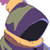 Pixelated static icon of a stylized character head with purple, green, and yellow color blocks against white background.