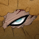 Four of four identical anime-style eyes with light blue irises and black outlines, each partially covered by a brown textured mask fragment against cracked earth background