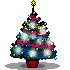 Pixelated Christmas tree with star topper, red pot, and changing ornament colors