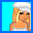 A 4-frame pixel art contact sheet showing a blonde female character in various poses with swimwear and accessories, including a chef's hat, red scissors, and stacked books.