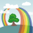 Pixelated static image of a green tree with brown trunk under light blue sky, flanked by two rainbow arcs and white clouds.