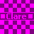 A static pixel art icon with a checkerboard background of alternating bright pink and dark purple squares, featuring the word 'Clare' in bold pink letters centered horizontally.