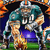 Pixelated static image of a cartoon character in athletic gear holding a football, with fiery background elements and green field at bottom.
