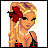 Pixel art contact sheet showing a blonde female character with red flower accessory and black top, alongside blue text elements on cyan background.