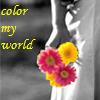 A grayscale image with yellow text reading 'color my world' and three colorful flowers on the right side.