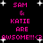 Pixelated text on black background with pink letters and white stars, displaying 'SAM & KATIE ARE AWSOME!!!<3' in two