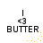 Pixelated icon with 'BUTTER' text, '<3' symbol, and yellow dots in four variations showing dot position changes.
