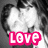 Pixelated grayscale image of a person with dark hair and light skin, overlaid by bright pink text reading LOVE in blocky letters.
