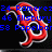 Red and white stylized letter 'B' with blue pixelated text numbers and names on black background.