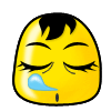 Yellow cartoon face with black hair, closed eyes, and a blue tear drop on the left cheek; mouth is open in a small oval.
