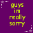 Purple background with yellow text reading 'guys im really sorry' repeated in a pattern, surrounded by white and purple star-shaped pixel decorations