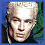 Four pixelated headshots of a person with short blonde hair against blue and green backgrounds, arranged in a