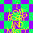 Pixelated yellow text "I LOVE ROBBY AND MISTY" on a green and purple checkered background with diamond-shaped patterns.