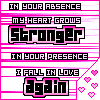 Pixelated text and heart symbols on a pink and white striped background with gray corner sections.